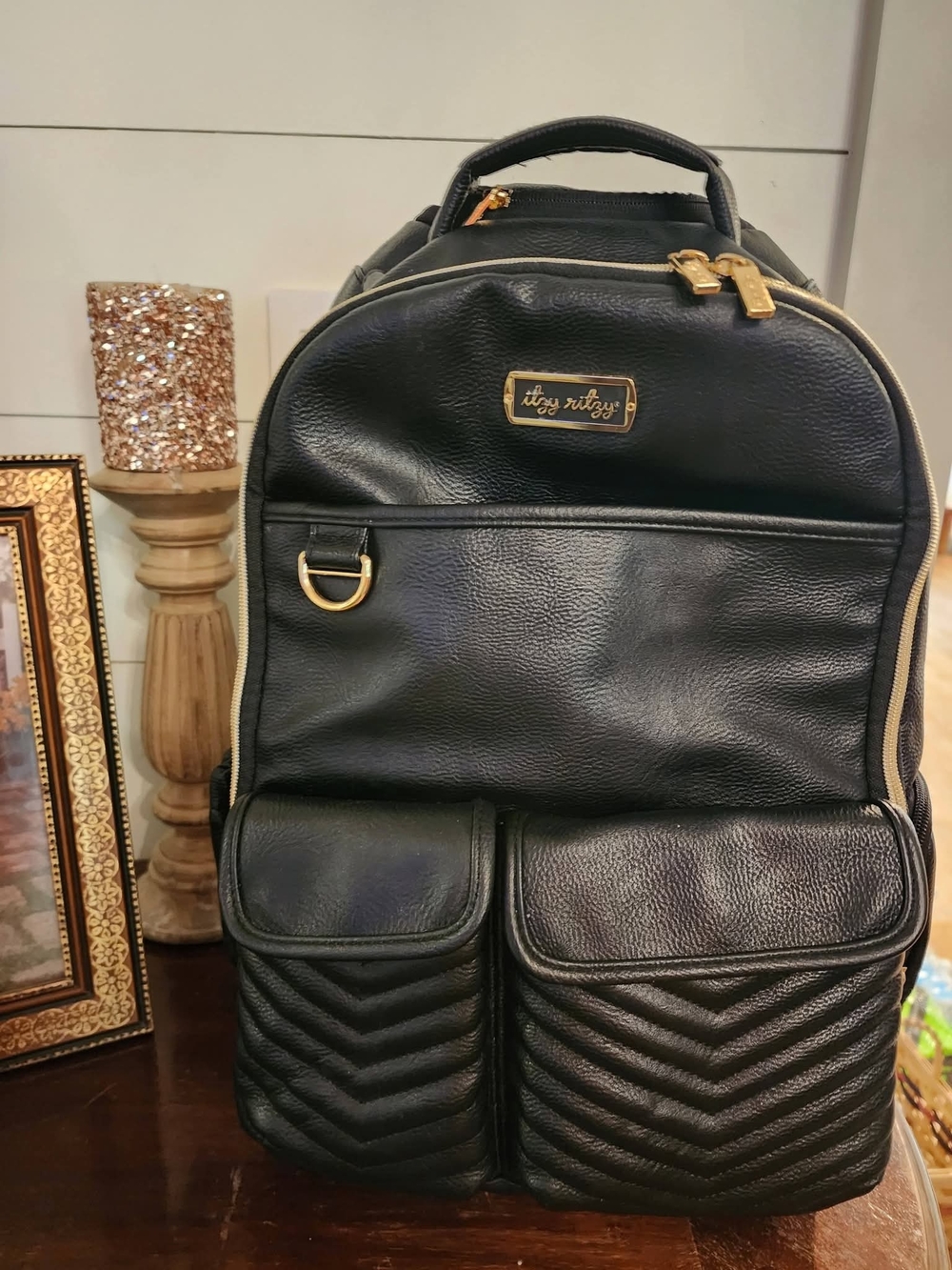 Itzy Ritzy Large BOSS Black Quilted Front-Pocket Diaper Backpack  Leather